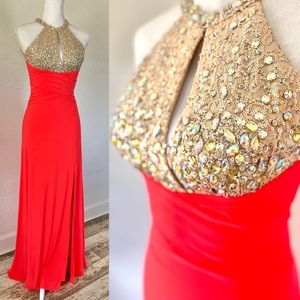 Coral/Rhinestone Long Dress Jovani Size 0